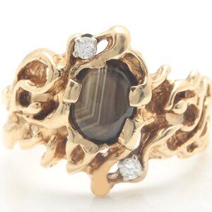 1.62 Carat Natural Antique Tiger Eye and Diamond in 14K Solid Yellow Gold Ring